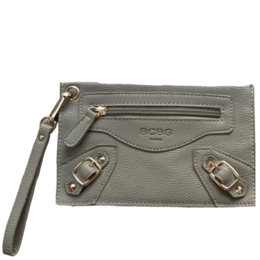 BCBG PARIS Wristlet Gray Leather Classic w/Shiny Gold Accents NWOT